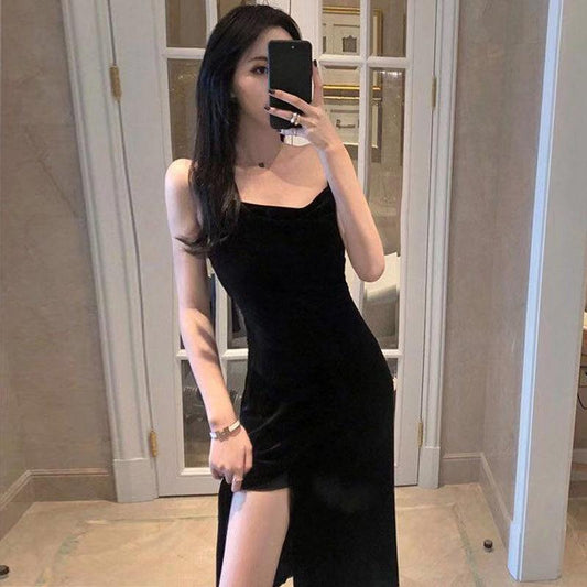 Women's Spring and Summer Elegant Slim Gold Velvet Bottom Long Over The Knee Black Suspender Hip Dress