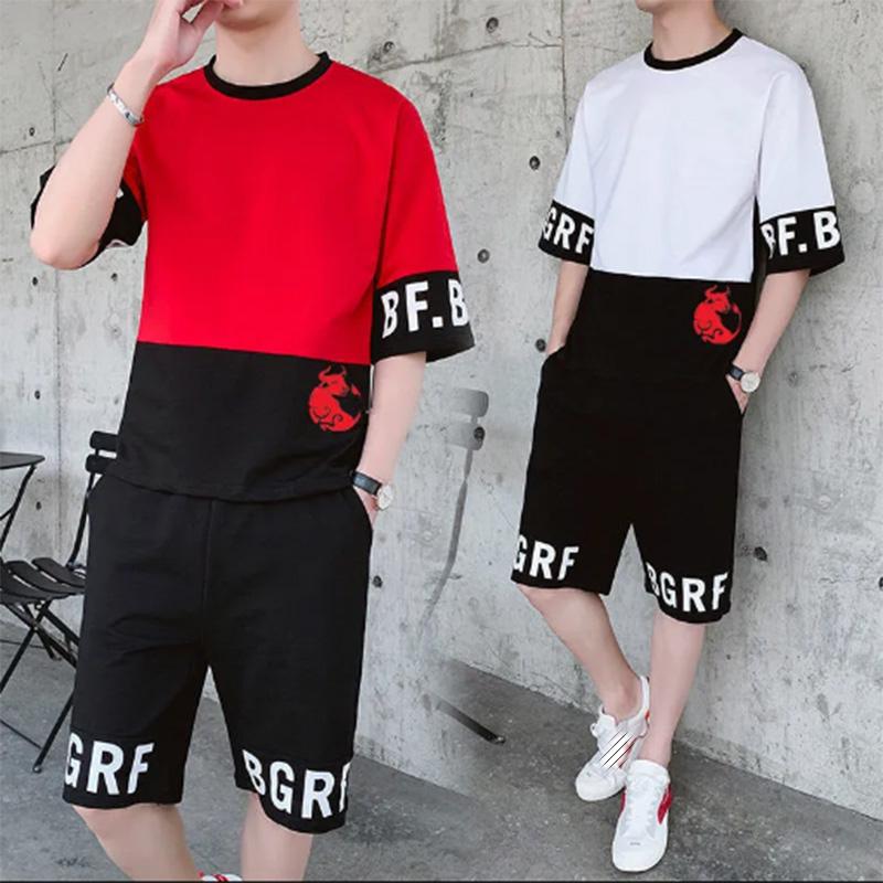 Sports Suit Men's Summer Cool Short-sleeved T-shirt Men's Contrast Color Casual Teen Student Suit Men