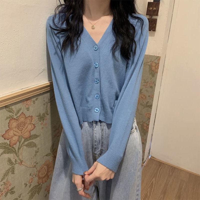 Spring and Autumn Knitted Cardigan Women's Korean Style Short V-neck Inside with Long-sleeved Thin Sweater Jacket Outside