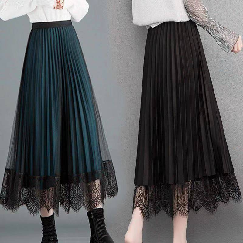 Wear on Both Sides Golden Velvet Yarn Printed Lace Skirt Woman's Mid-length Elastic Waist Pleated Skirt School Work Travel