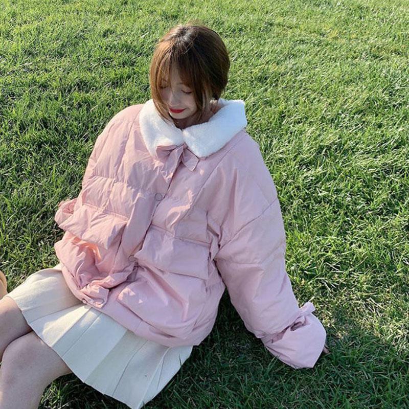 Winter Women's Down Jacket Korean Fashion Bow-knot Stand-up Collar Cotton-padded Jacket Warmth Short Cotton Jacket