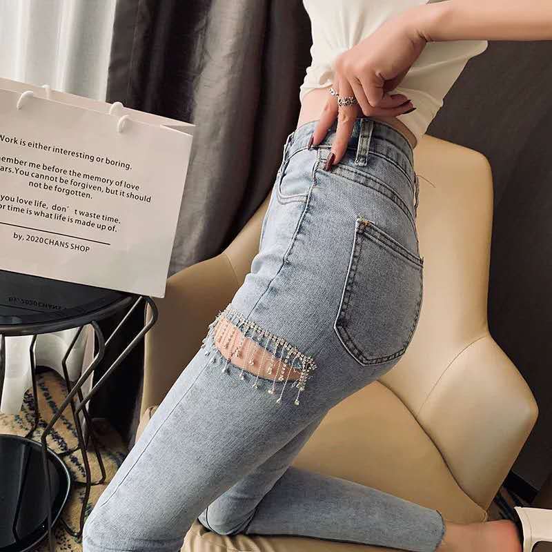 Light Blue Jeans Women's Trendy Ins High Waist Ripped Nine-point Pants 2022 Spring New Tight-fitting Skinny Pants