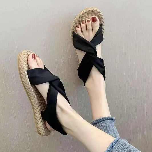 Retro Sandals Women Summer All-match Linen Texture Flat Bottom Bohemian Light Women's One-step Sandals Beach Sandals