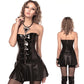 Black PU Leather Corset Bustier Dress Set Overbust Sexy Lingerie Women Lace Up Corselet Tops Femme