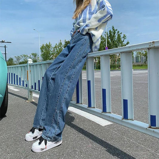 Women's High Waist Wide Leg Jeans Spring Loose and Thin Straight Mop Pants Ladies Denim Trousers