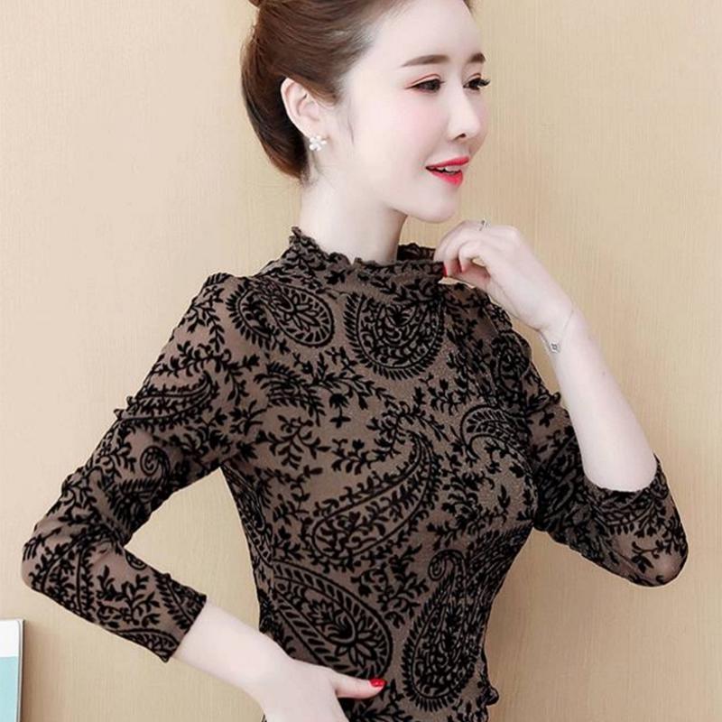 Pofulove Plus Women's Long Sleeve Mesh In Winter Fashion Velvet Half Turtleneck Bottoming Shirt