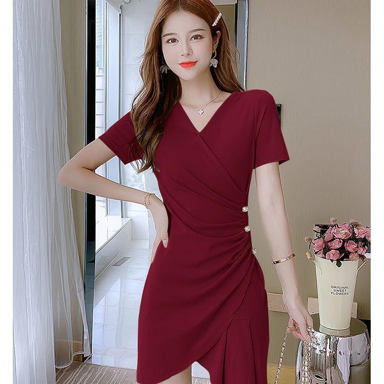 Women V-Neck Dress Irregular  Slim Solid Color Bodycon Dress Female Bodycon Dress for Party
