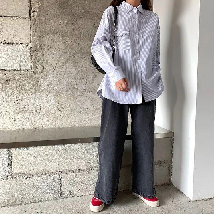 Woman Spring Summer Vintage Casual Shirt Loose Long Sleeve Striped Shirt Stand Collar Streetwear Pocket Shirt