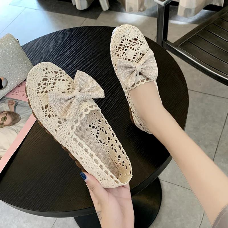 Knitted Hollow Shoes Breathable Cloth Shoes Tendon Soft Bottom Non-slip Peas Shoes Flat Casual Shoes Women's Shoes Loafers