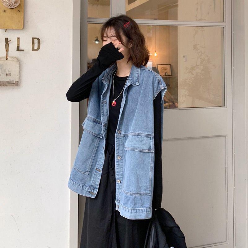 Solid Color Women's Denim Vest Sleeveless Spring and Summer Loose Casual Coat Big Pocket
