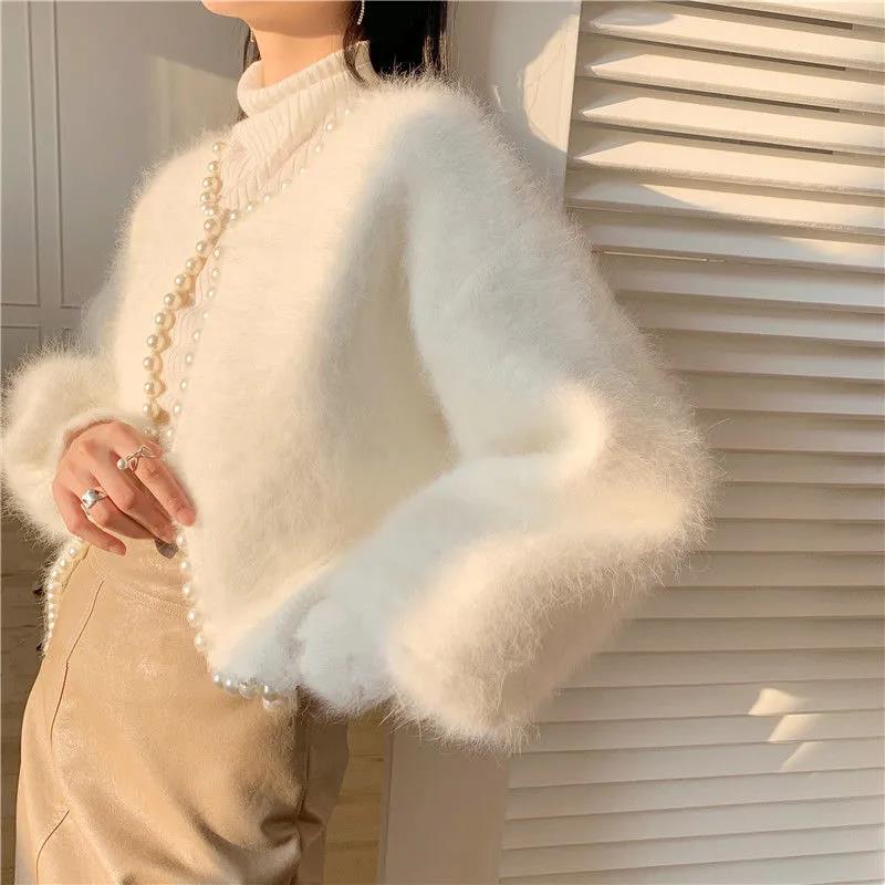 Women's Coat Cardigan Jacket Spring and Autumn Pearl Knitted Sweet Super Fairy Lantern Sleeve Imitation Mink Fleece Sweater
