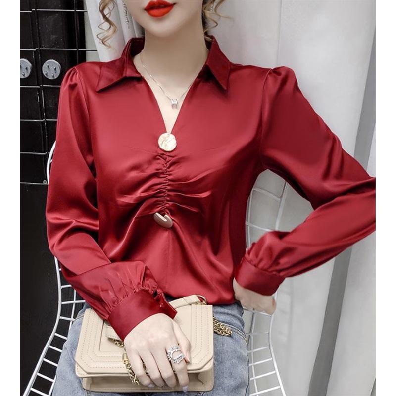 Polo Collar Long-sleeved Chiffon Shirt Women's Design Sense Niche Retro Western Style All-match Top