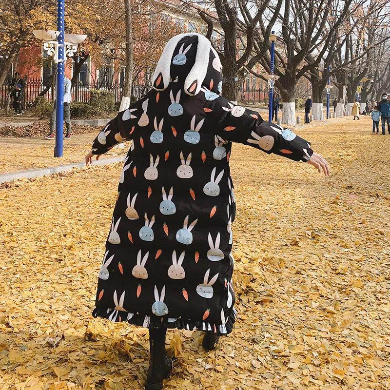 Cute Rabbit Ears Down Padded Jacket Women's Mid-length Thick Fishtail Padded Jacket Korean Style Loose