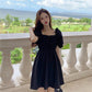 Summer Backless Pleated Ruffle Square Neck Bubble Sleeve Dress A-line Pure Black Casual Dress