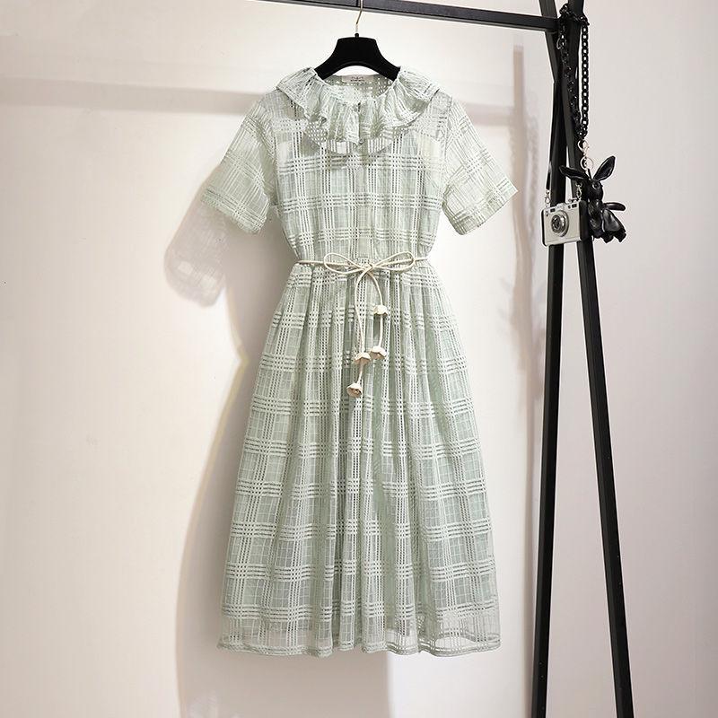 Vintage Dress Summer Peter Pan Collar Short Sleeve Lace A-line Dress Belted Pleated Dress