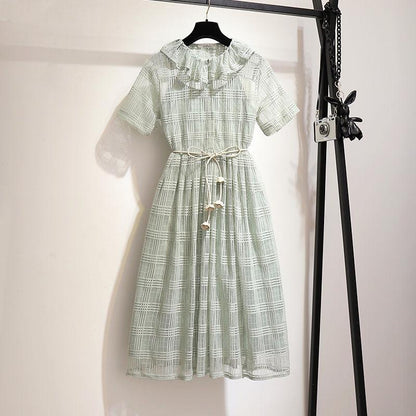 Vintage Dress Summer Peter Pan Collar Short Sleeve Lace A-line Dress Belted Pleated Dress