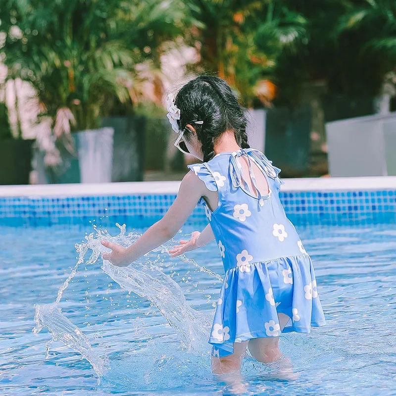 Baby Girls Swimwear Backless Cute Flower Printed One-Piece Swimsuit Summer Kids Lotus Leaf Sleeve Pleated Skirt Beachsuit