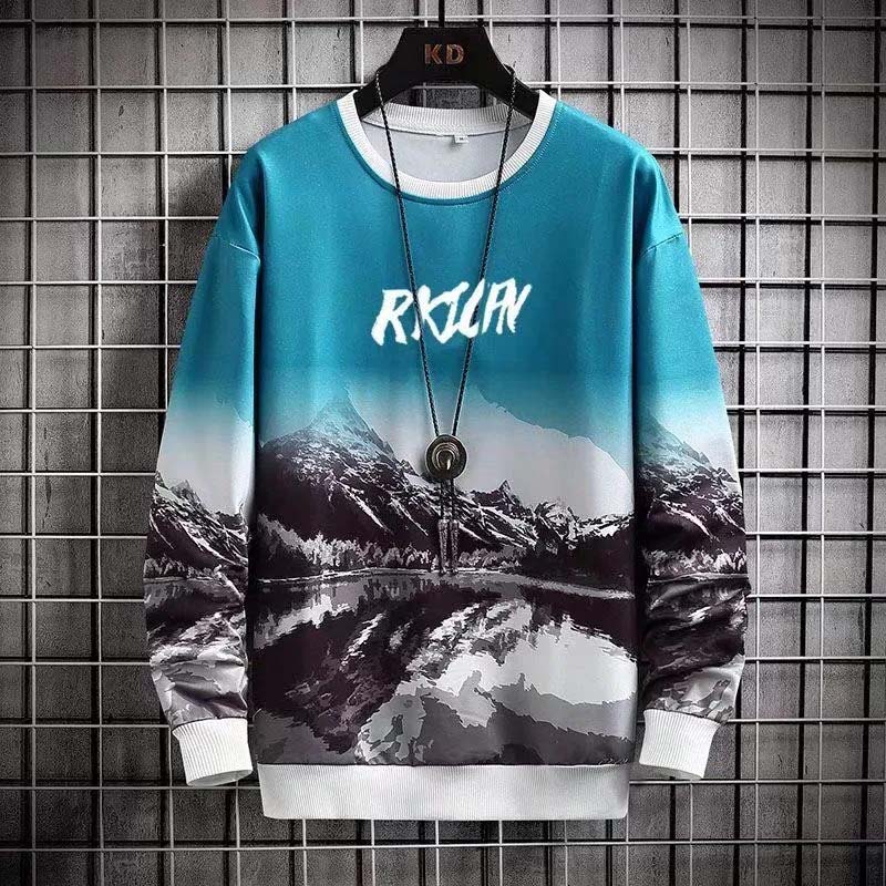 Men's Spring and Autumn Sweater Print Colorblock Long Sleeve Round Neck Pullover Loose Casual Thin Men's Top