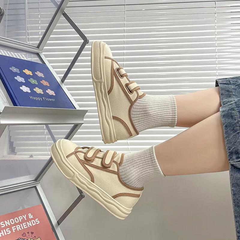 Milk Tea Color Velcro Canvas Shoes Female Japanese Niche Design Sense Dissolving White Shoes