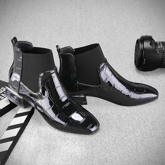Chelsea Booties Ankle Boots Women Short Patent Leather Thick High Heels Martin Botas Winter Shoes