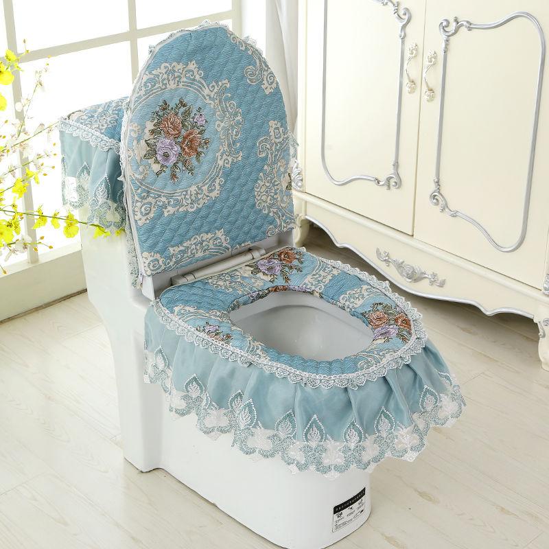 Chenille Toilet Three-piece Set Garden Lace Fabric Zipper Toilet Seat Cushion Toilet Seat Cover Ring Cover