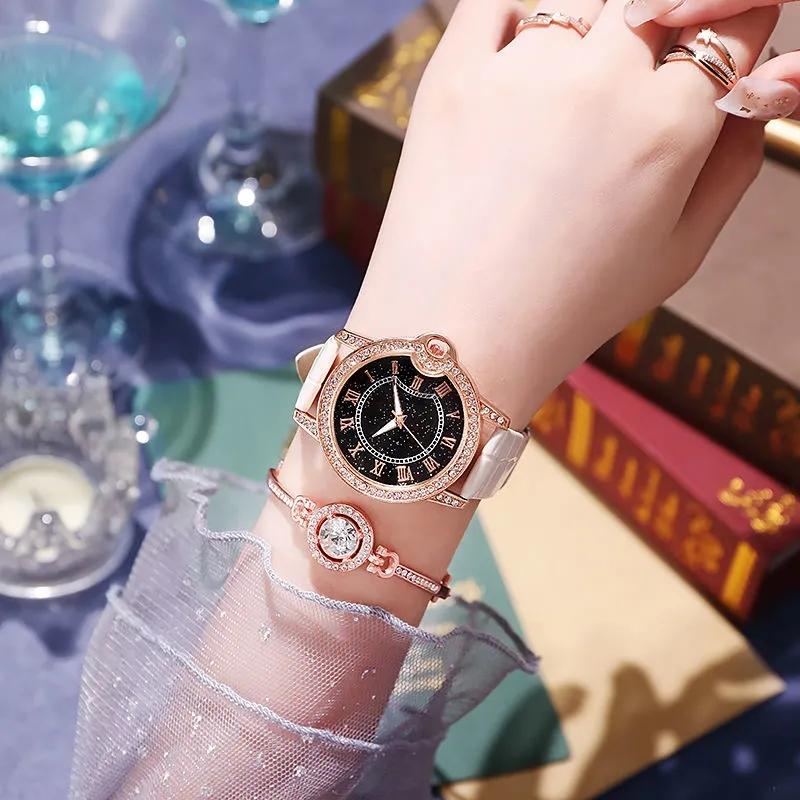 Women's Star Night Light Luxury Rhinestone Watches Korean Style Simple Round Disc Belt Niche Luminous Watches