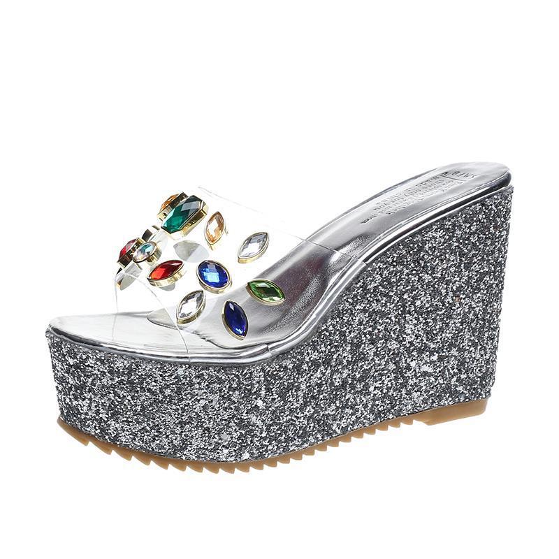 Slippers Women's Wedge Heel High-heeled Sandals  Slippers Women's Summer Super High-heeled Rhinestone Sequins Transparent Platform Slippers