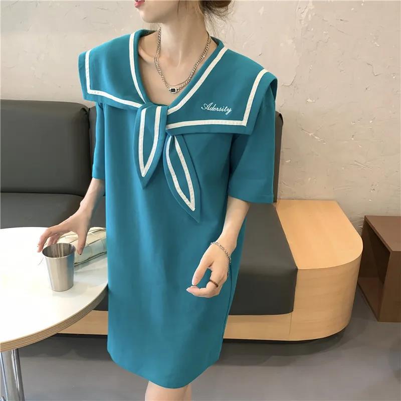 Retro Cute Style Solid Color Sailor Collar Navy Dress Sweet Bow-knot Student Girls Above Knee Dress