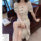 High-end Fabric Puff-sleeved Slit Dress  Square Collar  Open Back, Long-sleeved Waist  Slit Suit Skirt