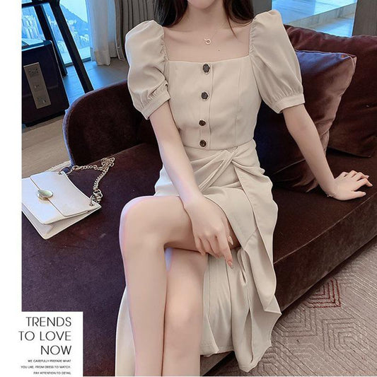 High-end Fabric Puff-sleeved Slit Dress  Square Collar  Open Back, Long-sleeved Waist  Slit Suit Skirt