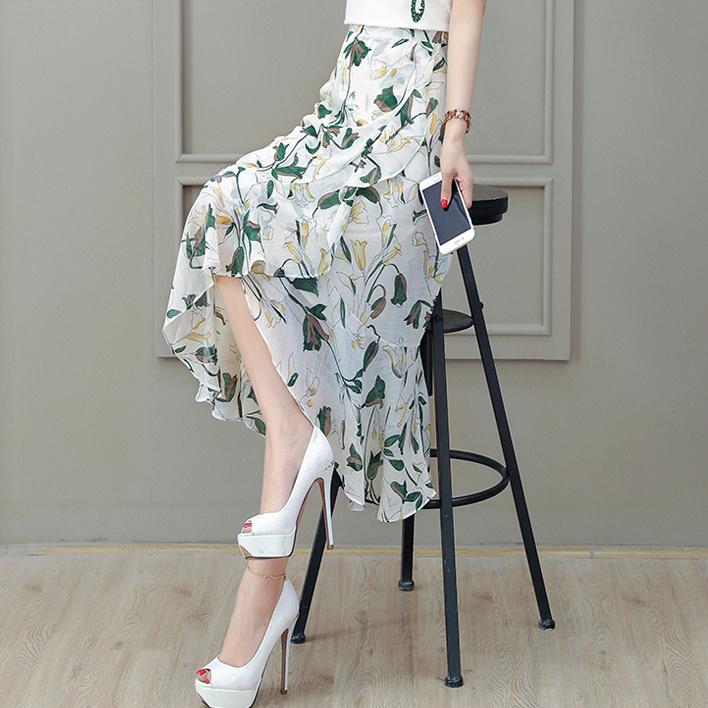 Long Print Chiffon Skirt Women Summer Elegant High Waist Pleated Sun Maxi Skirt Female