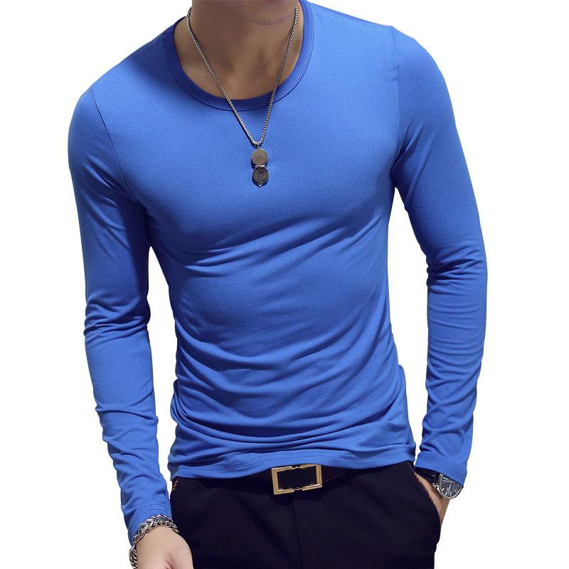 Stretch T-shirt Men Slim Tees Casual Bottoming Shirt Solid Color Pullover Long Sleeve Overshirt Male Clothing Fitness Top