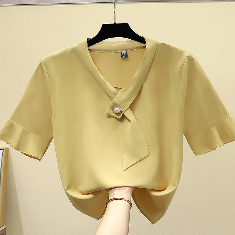 Summer Ladies Top Sleeve Shirt Chiffon Short Sleeve blouse V-neck Solid Color Breathable blouse