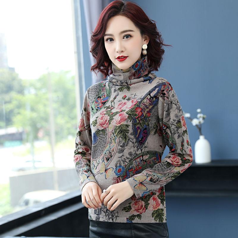 Vintage Rhinestone Printed Wollen Sweater Women's Plus Size High-neck Cashmere Sweater Female Soft Warm Knit Jumper
