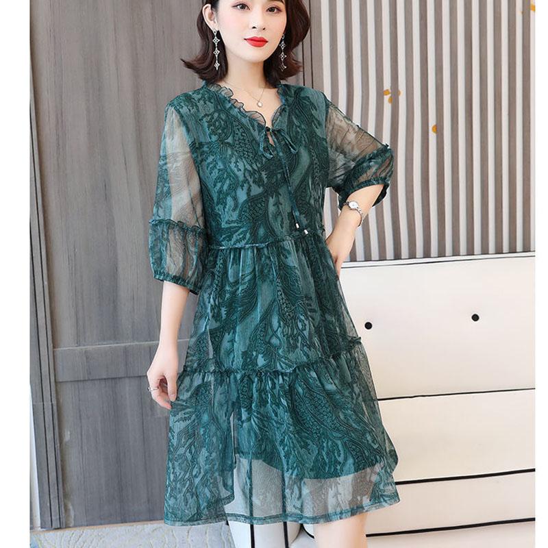 Dress Female Summer Five-point Sleeves Loose Mesh A-line Skirt Light Mature Style Foreign Style Large Size Skirt Summer