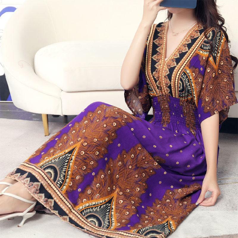 Cotton Silk Dress Mid Length Beach Dress Large Floral Sea Long Dress Mom Casual Wear