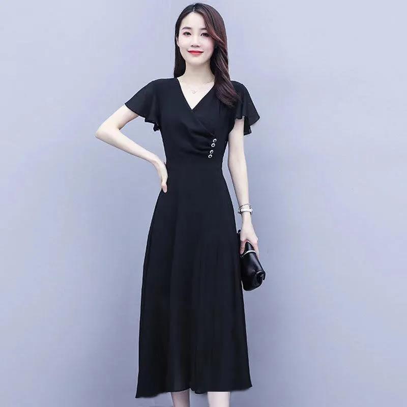 Fashion Dress Summer Plus Size Women's High-end Waist Was Thin and Temperament V-neck Long DRESS