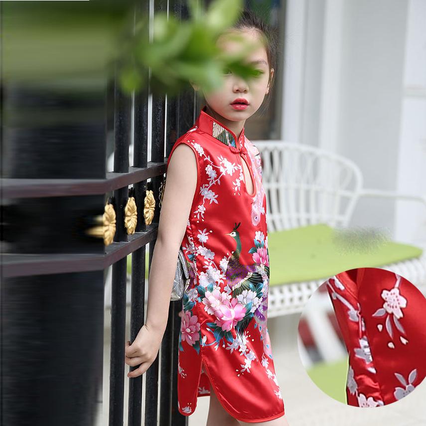 Children Dress Children's Tang Suit Girls Summer Thin Dress Cheongsam Printed Floral Cheongsam Chinese Style Sleeveless Dress