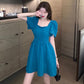 Women's Summer Dress Square Neck Thin Puff Sleeves Solid Color A-Line Skirt