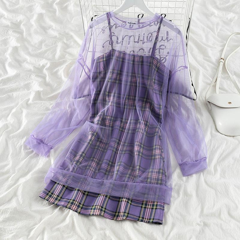Purple Plaid Sling Dress 2 Pieces Ladies Suit Skirt Spring and Summer Sling  Casual Vacation Office Home
