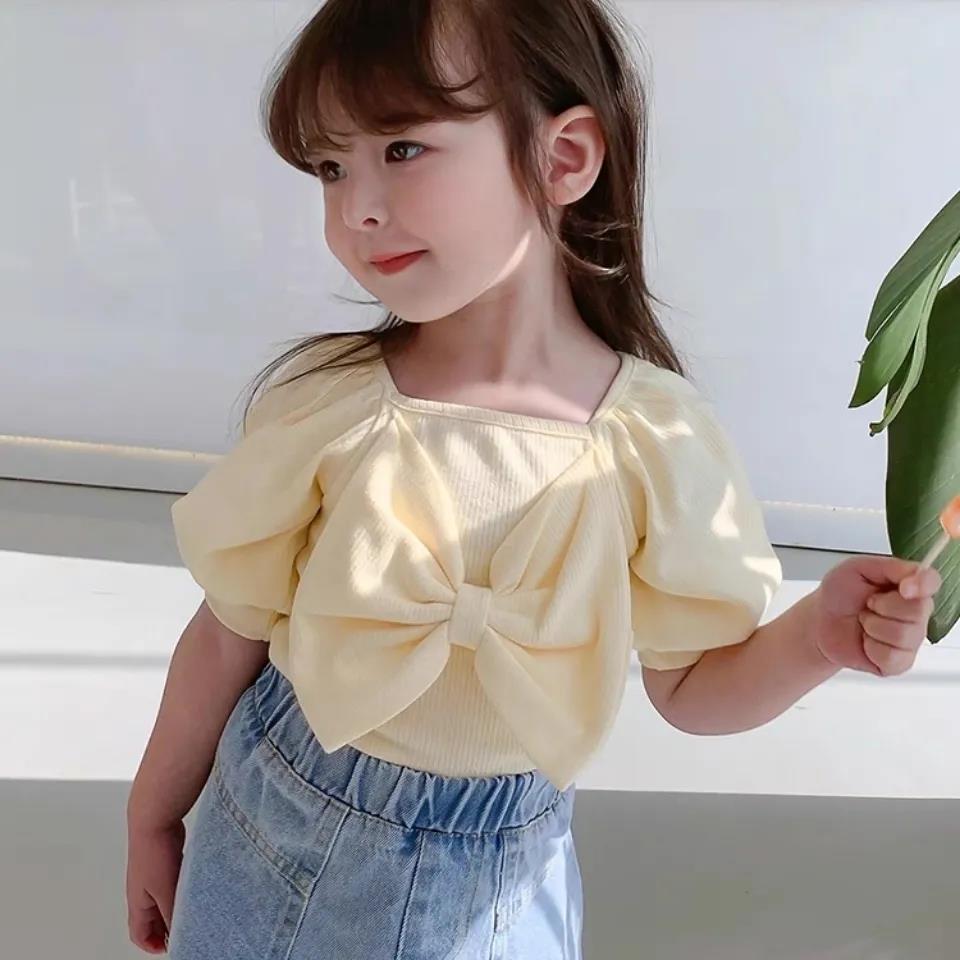 Girls' Summer Bowknot Short-sleeved Tops Korean Children's Cotton T-shirts Middle and Small Children's Western Style Bottoming Shirt