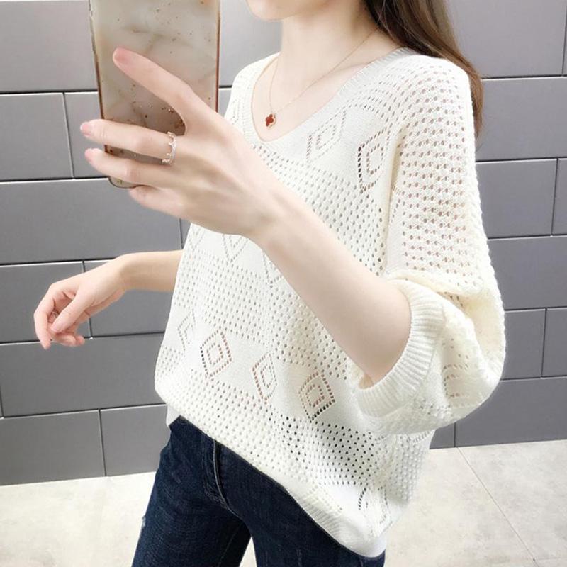 V-neck Hollow Knit Sweater Loose Breathable Long-sleeved Sweater Thin Bottoming Shirt