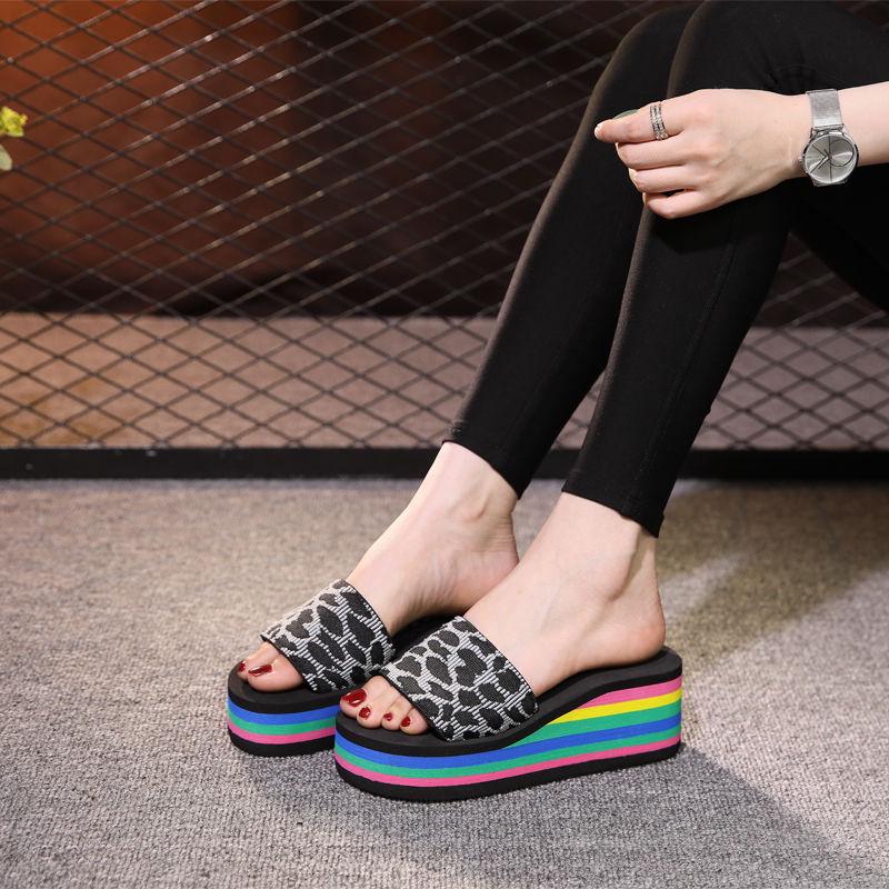 Women Sandals Platform Rainbow Non-Slip Thick Soled Wedge Slippers Summer Beach Slipper