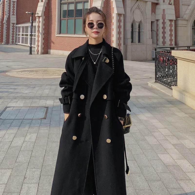 Women's Black Woolen Coat Mid-length Windbreaker with Cotton Thickened Autumn and Winter Jacket Women