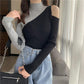 Fashion Design Contrast Sweater Strapless Sexy Long-sleeved Sweater Women's Half High Neck Bottoming Top