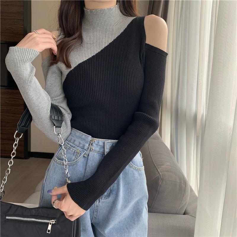 Fashion Design Contrast Sweater Strapless Sexy Long-sleeved Sweater Women's Half High Neck Bottoming Top