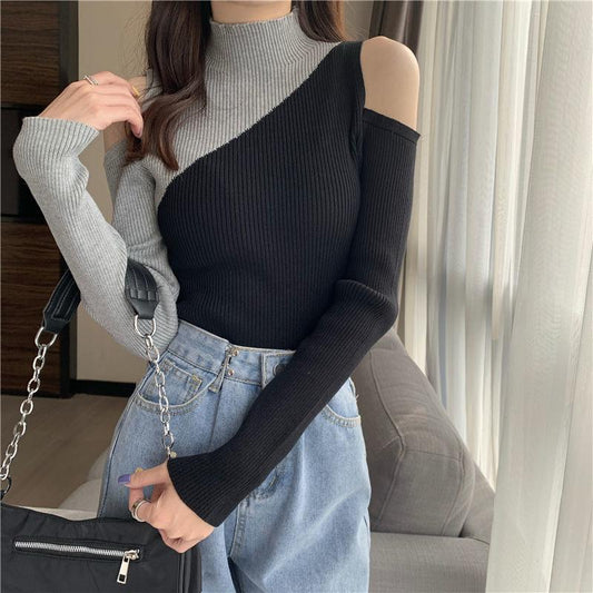Fashion Design Contrast Sweater Strapless Sexy Long-sleeved Sweater Women's Half High Neck Bottoming Top