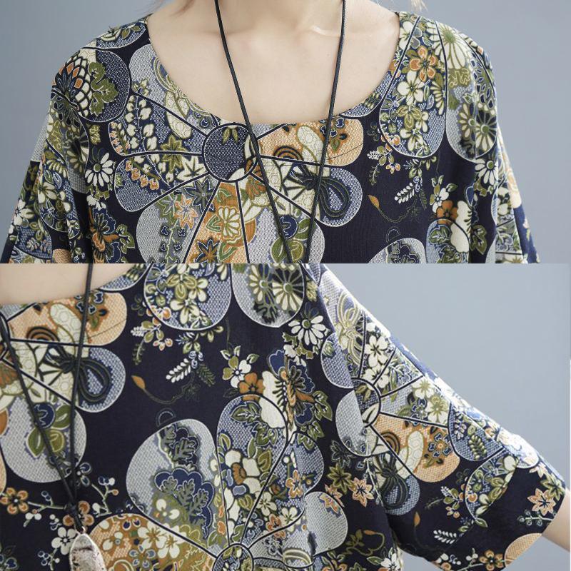 WTEMPO Printing Cotton and Linen Plus Size Ladies Dress Summer 1/2 Sleeve Round Neck Long Dress Casual Full Length