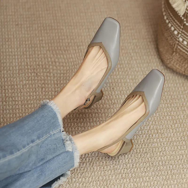 Square Toe Sandals Women's Thick Heel Retro Simple Mid-heel Leather Shoes Women's Square Toe Mid-heel Leather Shoes