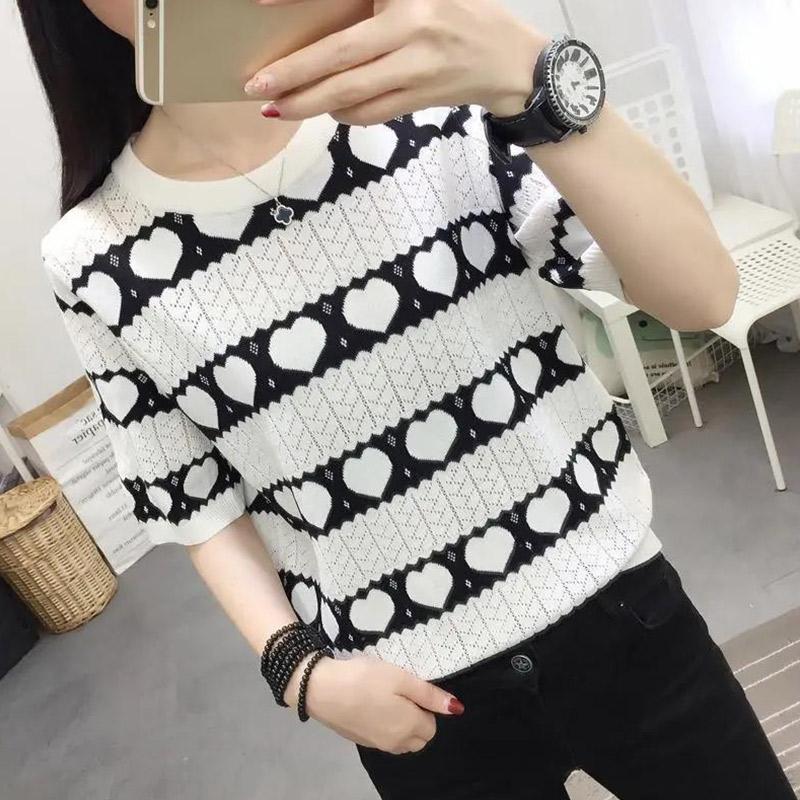 Spring and Summer Women's Round Neck Fashion Loose Knitted Bottoming Shirt Top Thin Hollow Short-sleeved T-shirt